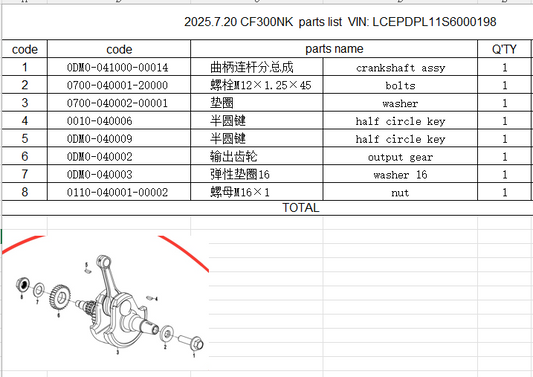 Crankshaft/Bolts/washer and others in the list suit CF300NK code is 0DM0-041000-00014