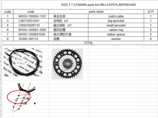Clutch Cbale/big sprocket/small sprocket and subbers/washers suit CF800NK code is C90710051041