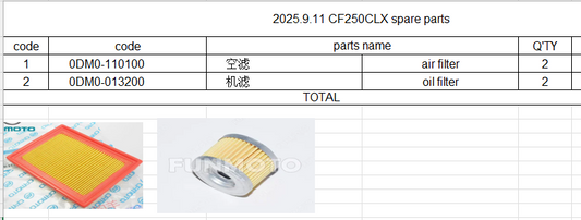 2pcs Air Filter and 2pcs Oil Filter suit CF250CLX/CF250SR/CF250NK Code is 0DM0-110100