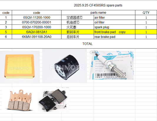 Air Filter/Oil Filter/Spark Plug /Front and Rear Brake pad suit CF450SRS