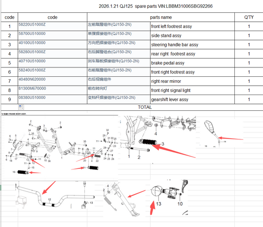 Front left footrest assy/side stand assy and others in the list suit QJMOTOR
