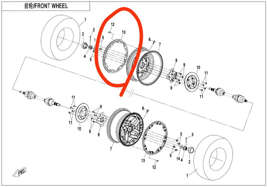 Front Wheel Rim lock ring suit ZFORCE950 SPORT code is 5BYV-070101-A000-0YD00 number 13 in the drawing