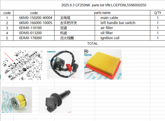 Main cable/left handle bar switch/air filter/oil filter/ignition coil suit CF250NK model 2021