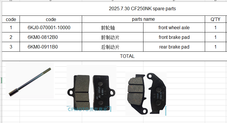 Front wheel axle and front brake pad and rear brake pad suit CF250NK 6KJ0-070001-10000