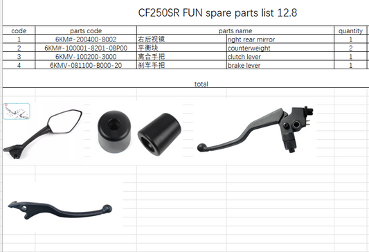 Right Rear Mirror and Balance block/brake and clutch lever suit CF250SR FUN code is 6KM#-200400-8002/6KM#-100001-8201-0BP00