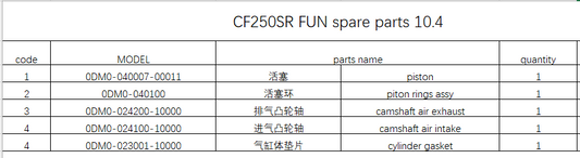 Piston/Rings/Camshaft intake and exhaust and cylinder gasket suit CF250SR FUN