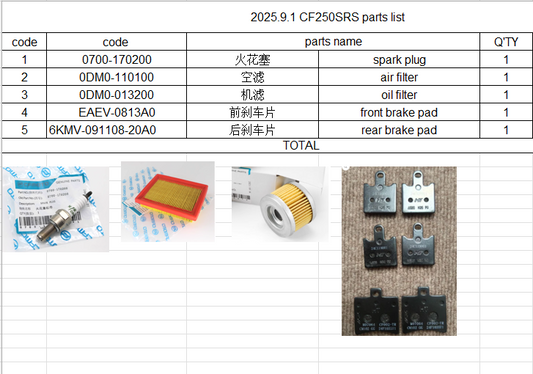 Spark Plug/Air Filter/OiL Filter/Brake pad suit CF250SRS