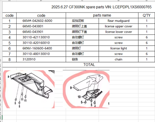Rear mudguard/license upper and lower cover/license light /screws and chain suit CF300NK  6KM#-042602-6000