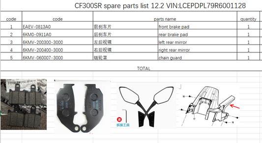 Front and Rear Brake pad/Left and Right Rear Mirror and Chain Guard suit CF300SR