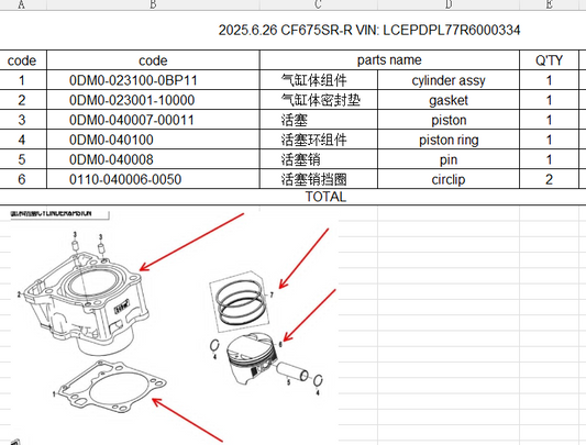 Cylinder/Gasket/piston/rings/pin/circlip suit CF300SR 0DM0-023100-0BP11