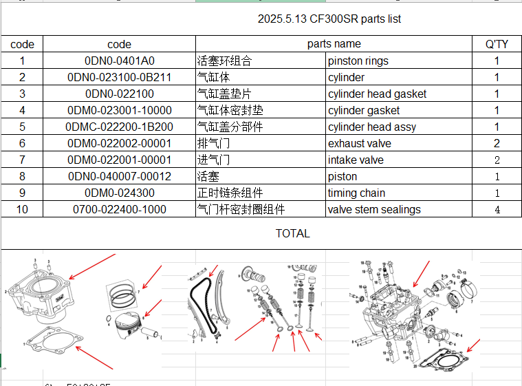 Cylinder/cylinder head/gaskets/valves/sealings/piston/rings/timing chain suit CF300SR