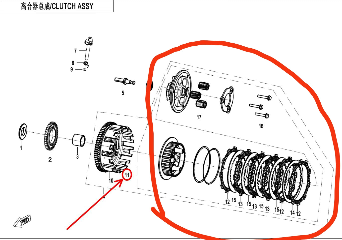 Whole set Clutch pad and others in the red circle suit CF450SRS/CF450SR/CF450NK brand FCC