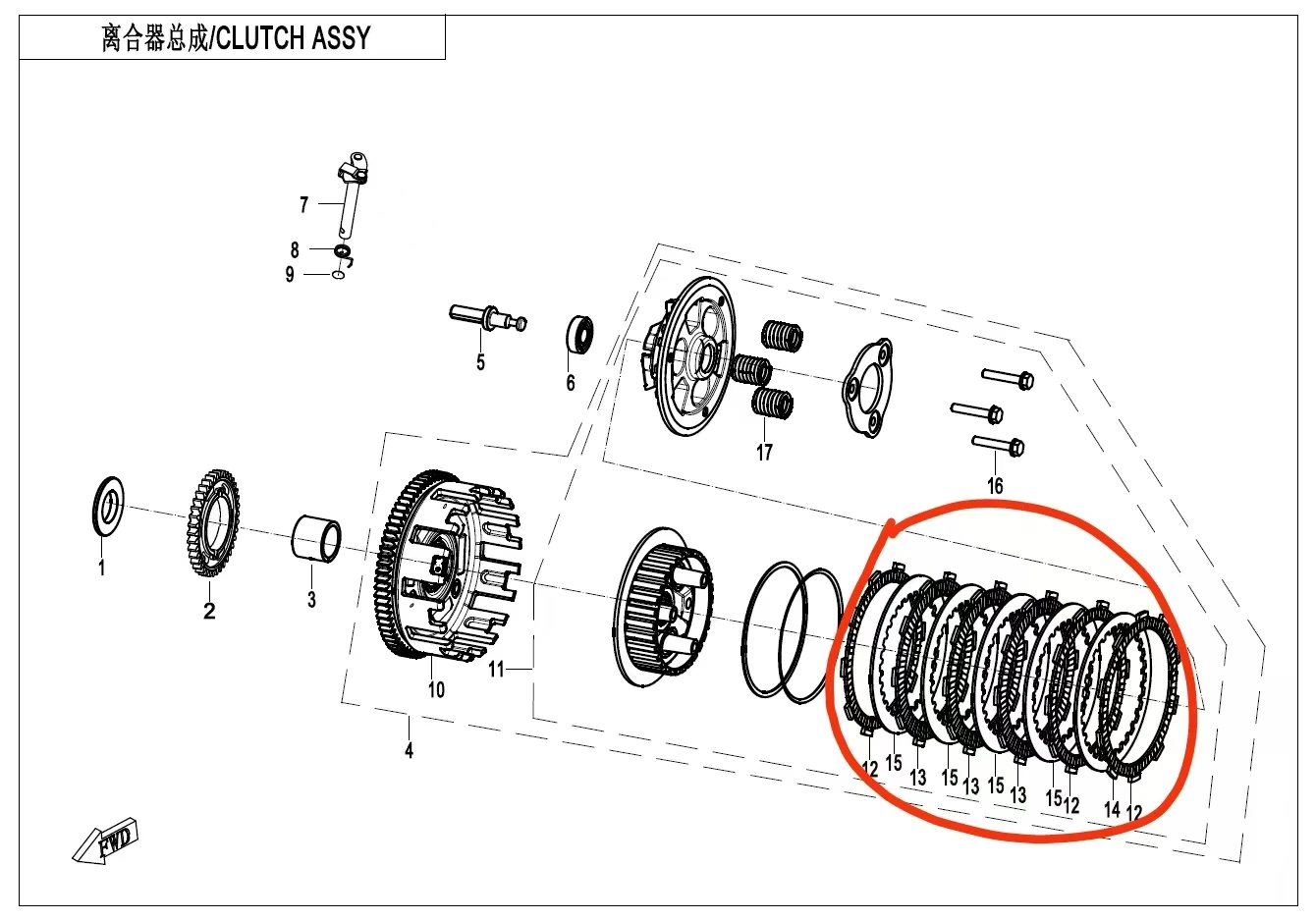 Whole Set Clutch pad assy suit CF450NK/CF450SR FCC model 5pcs steel plate and 6pcs wooden plate