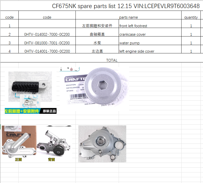 front left footrest /crankcase cover/water pump/left side cover suit CF675NK