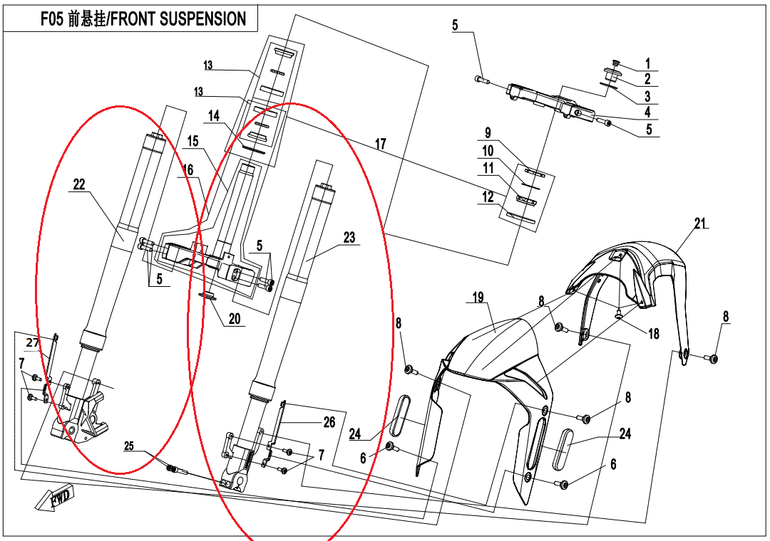 Front Left Bar and Front Right Bar suit CF250SR code is  6KMV-050100-BD02/6KMV-050200-BD02