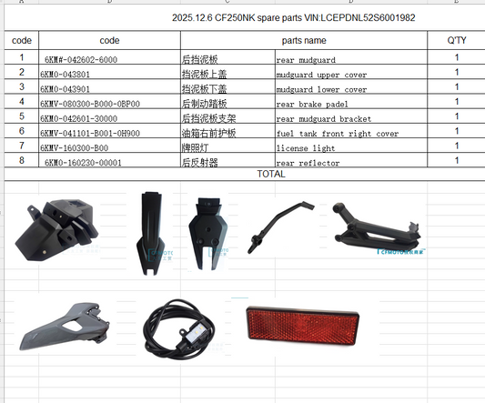 Rear Mudguard/Rear brake padel and others suit CF250NK