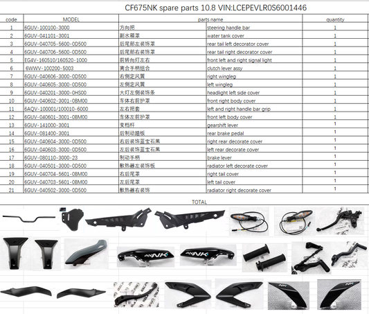 Steering handle bar/water tank cover/clutch lever assy and others in the list suit CF675NK