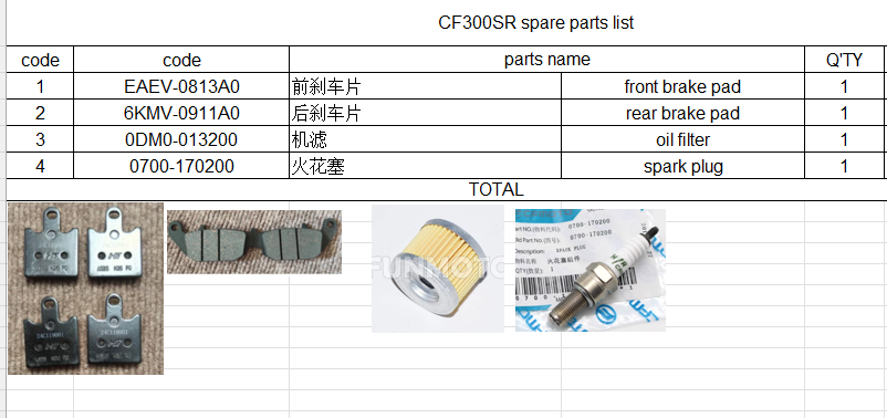 Front and Rear Brake pad/oil filter and spark plug suit CF300SR