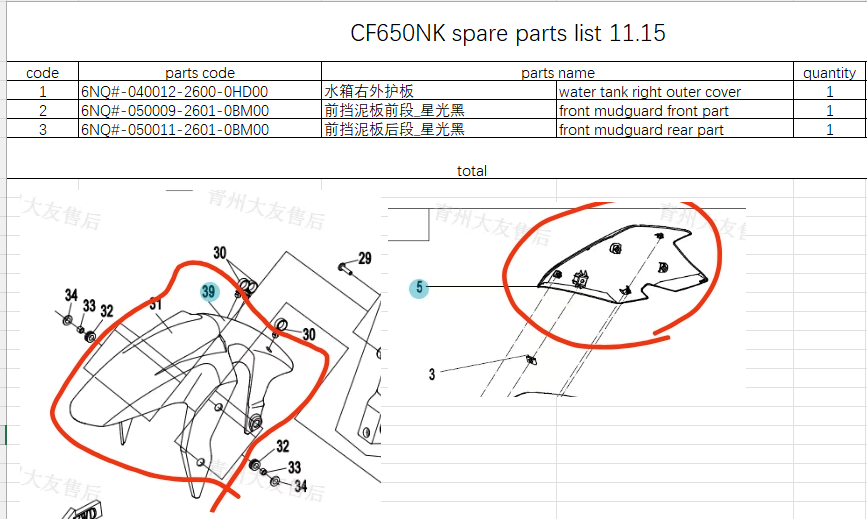 Water tank right outer cover/Front Mudguard suit CF650NK 6NQ#-040012-2600-0HD00