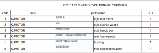 Right rear mirror/right counter weight/right handle bar/rear  brake pedal/front right footrest assy suit QJ250GS