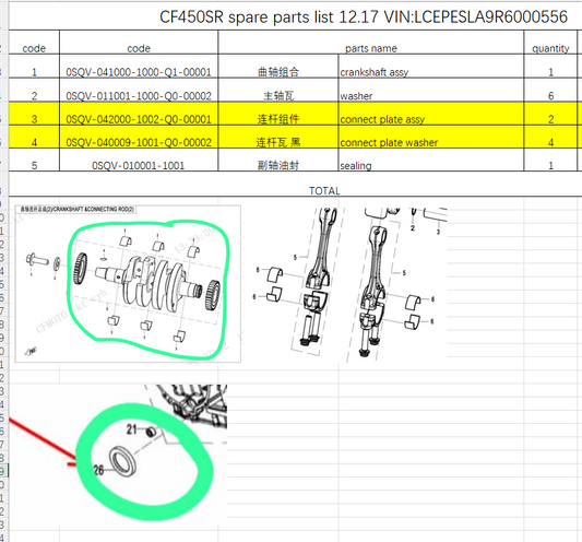 Crankshaft assy/connect plate/sealing suit CF450SR