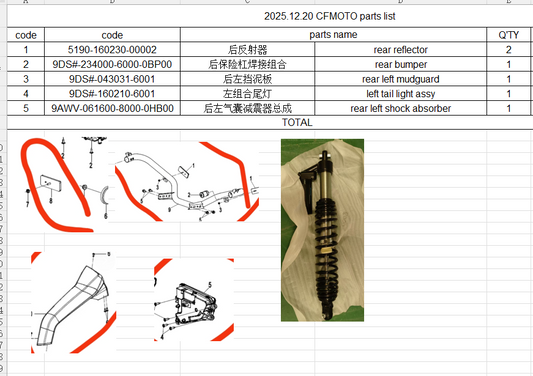 Rear reflector/Rear bumper/Rear left mudguard/left tail light assy/rear left shock absorber suit CFMOTO