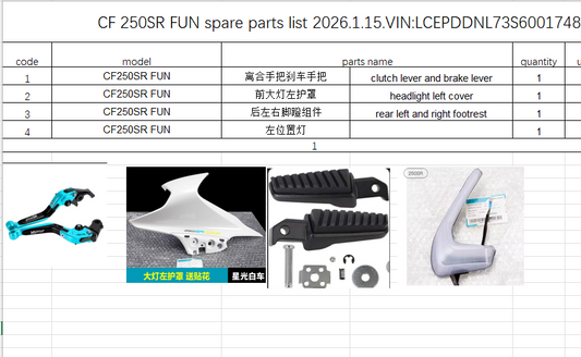 Clutch lever and brake lever/headlight left cover/rear left and right footrest/left position light suit CF250SR FUN