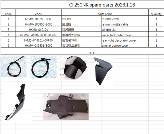Throttle cables/windshield and others in the list suit CF250NK