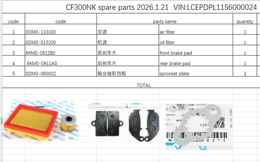 Air Filter/Oil Filter/Front and Rear Brake Pad and sprocket plate suit CF300NK