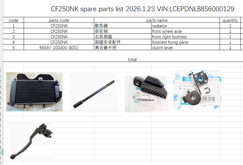 Radiator/front wheel axle/clutch lever and front right footrest suit CF250NK