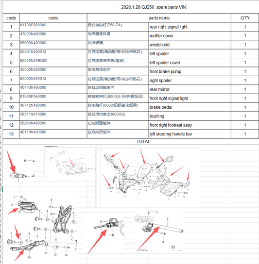 Rear right signal light/Muffler Cover and others in the list suit Piston 250/QJ250GS-29E