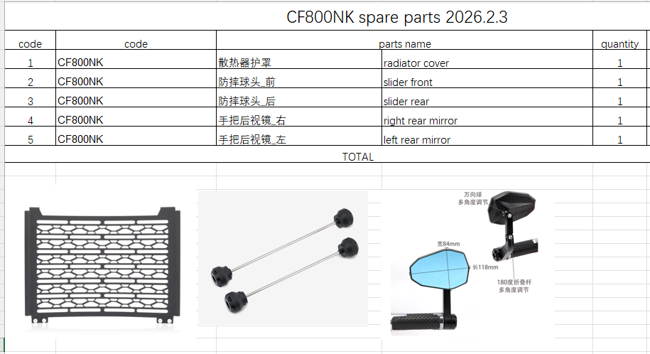 Radiator cover/slider front and rear/mirrors suit CF800NK