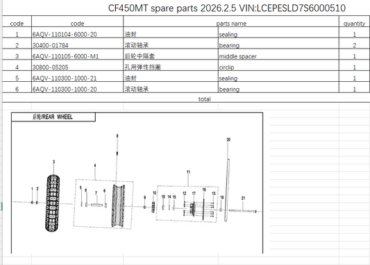 Sealing/bearings and spacer suit CF450MT rear wheel rim
