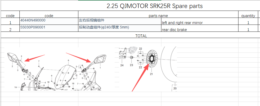 Left and Right Rear Mirror and Rear disc brake suit QJMOTOR SRK25R