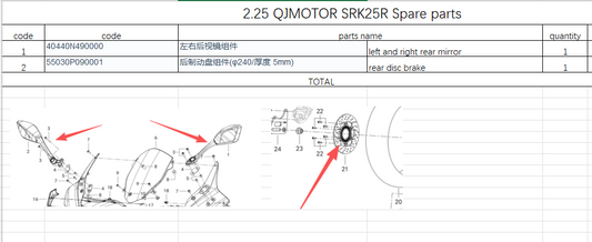Left and Right Rear Mirror and Rear disc brake suit QJMOTOR SRK25R