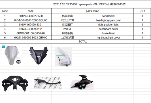 Windshield/headlight upper cover and others in the list suit CF250SR
