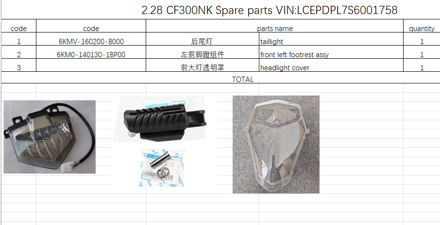 Taillight/front left footrest assy/headlight cover suit CF300NK/CF250NK