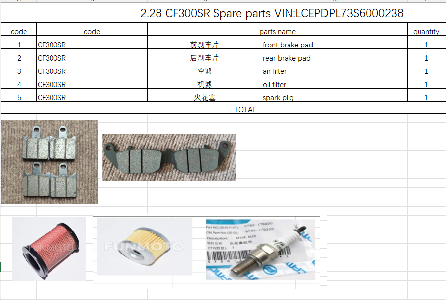 Front Brake Pad/Rear Brake Pad and air filter/oil filter and spark plug suit CF300SR