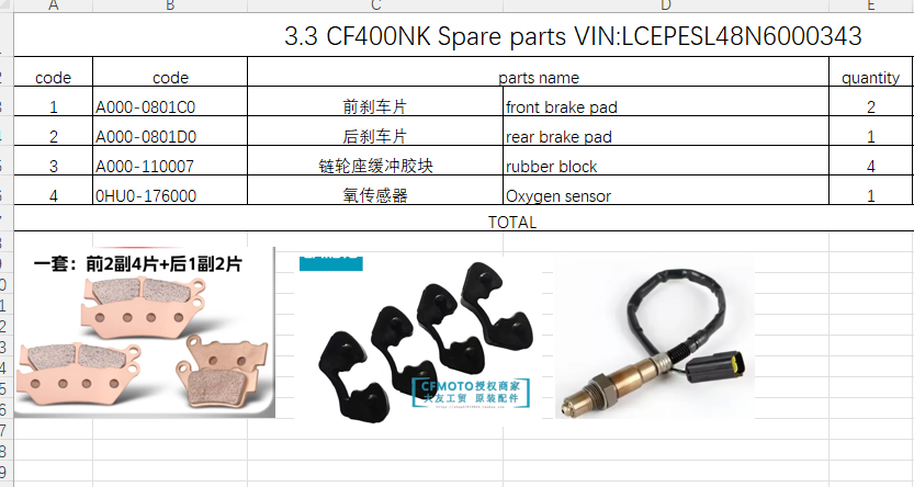 Front Brake pad/Rear Brake pad/rubber block and Oxygen sensor suit CF400NK
