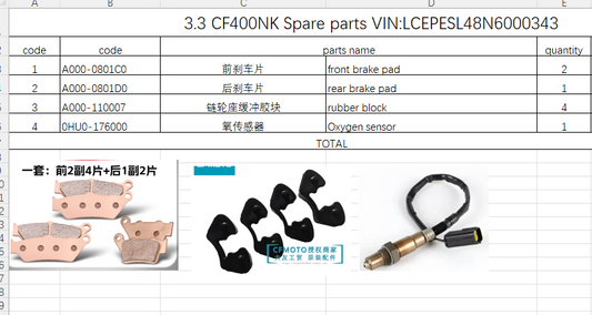 Front Brake pad/Rear Brake pad/rubber block and Oxygen sensor suit CF400NK
