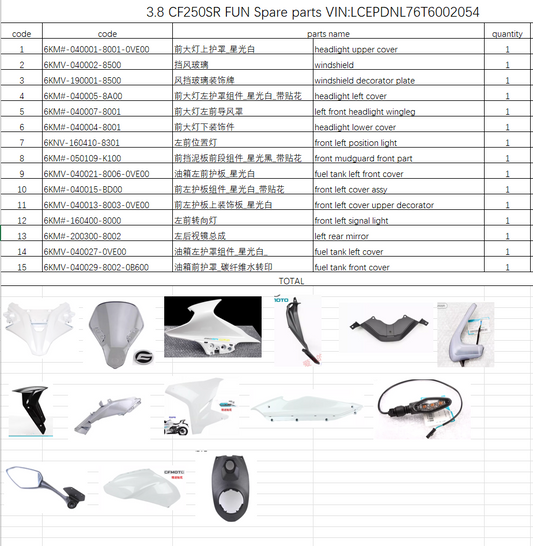 Headlight upper cover and others in the list suit CF250SR FUN