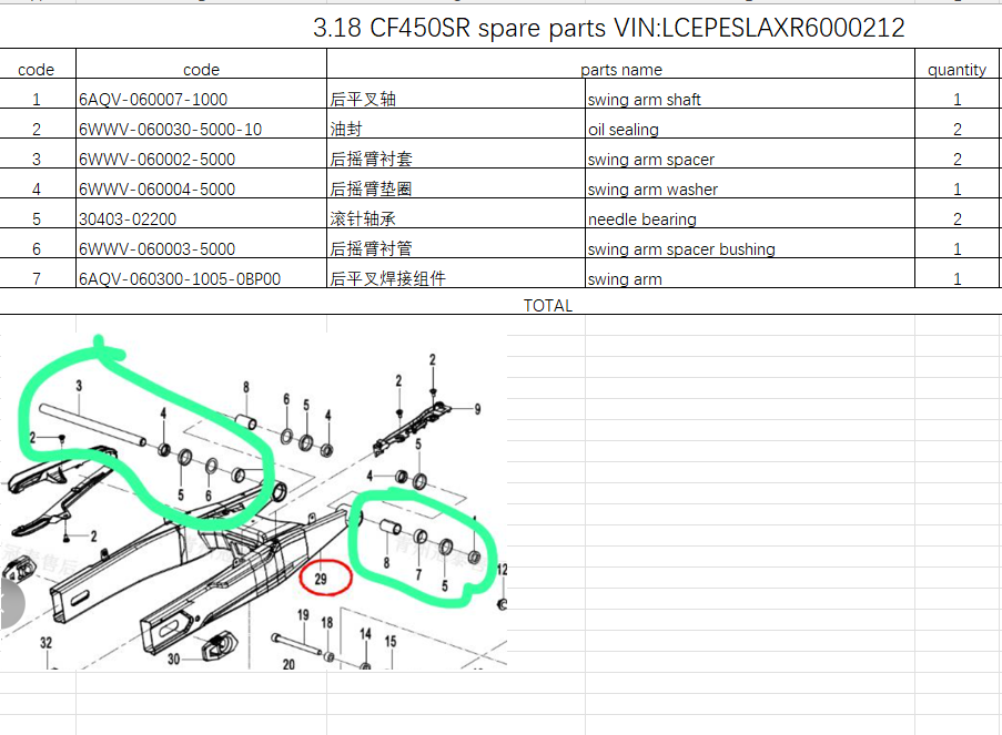 Swing arm/Spacer/Oil sealing and others in the list suit CF450SR