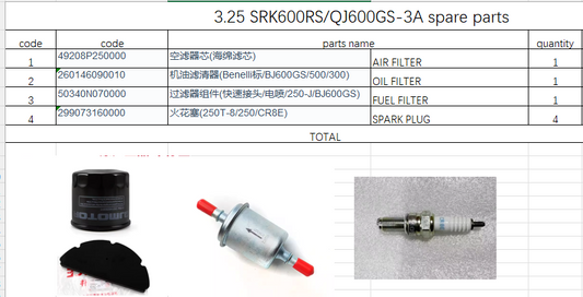 Air Filter/Oil Filter/Fuel Filter/4pcs Spark Plug suit SRK600RS/QJ600GS-3A