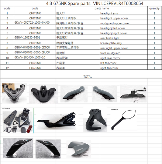 Headlight and upper cover and mudguard upper cover and others suit CF675NK