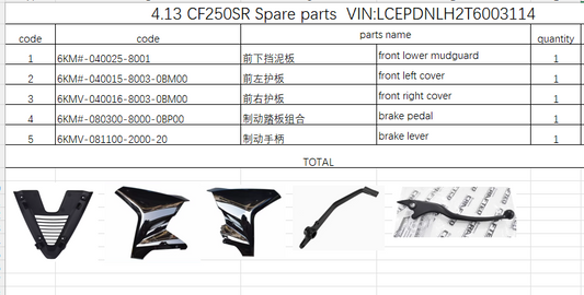 Front Left cover and others in the list suit CF250SR LITE
