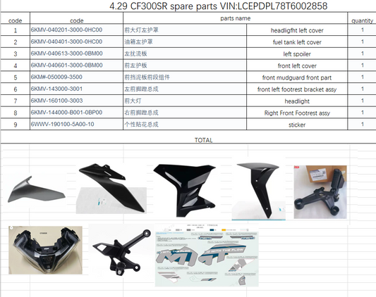 Front left footrest bracket assy and others in the list suit CF300SR