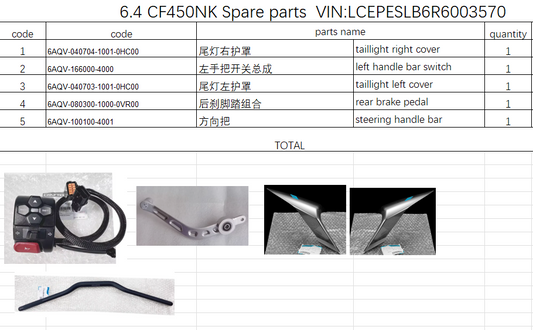 Left and Right Tail cover /left handle bar switch and rear brake pedal/steering handle bar suit CF450NK