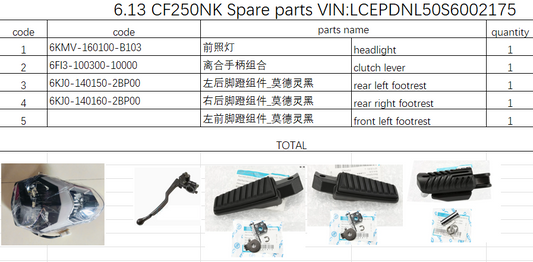Headlight/footrest assy and others in the list suit CF250NK