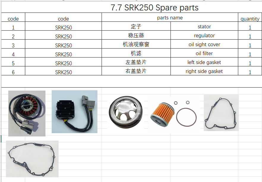 Oil Filter/Stator/regulator/Oil Sight cover/oil filter/gasket suit SRK250/QJMOTOR 250