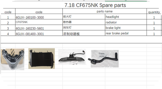 Headlight assy/Radiator/brake light and rear brake pedal suit CF675NK